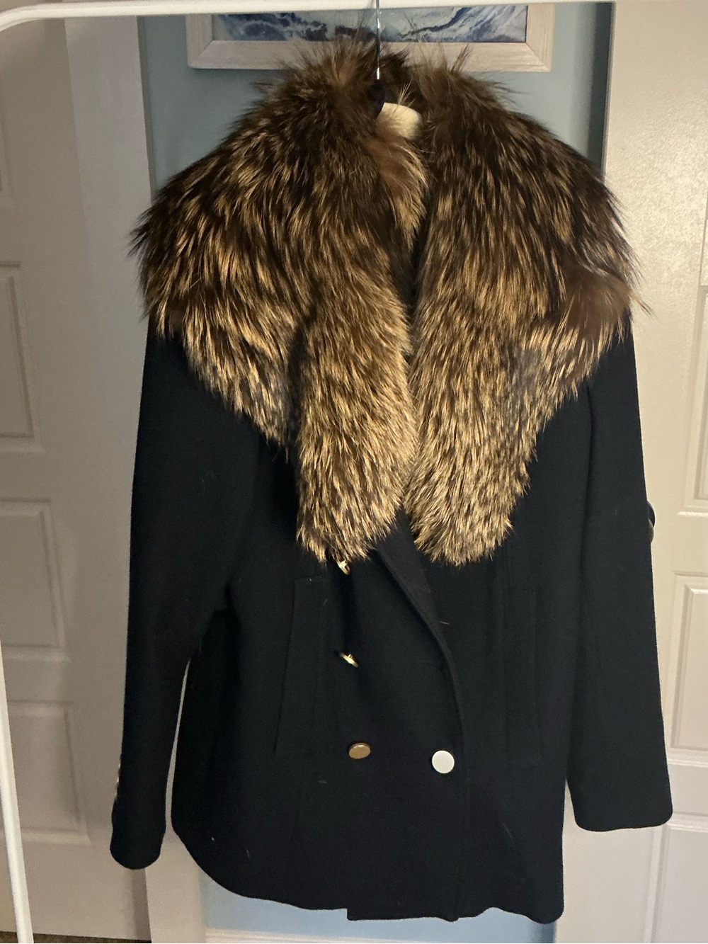 Theory Navy Pea Coat with Brown Fur Collar Size M